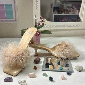 Cream High-Heeled Sandals with Fluffy Embellishment